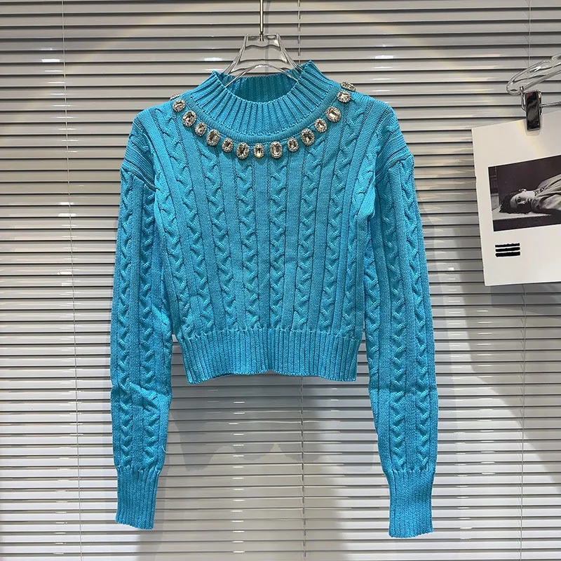 Exquisite Rhinestone Slim Fit Pullover Short Knitted Sweater for Women 2023 New Slim Fit Winter Cropped Top Female Blue Sweaters