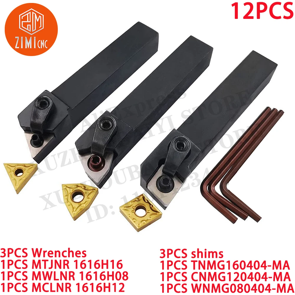 3PCS MTJNL1616H16 MWLNL1616H08 MCLNL1616H12 Turning Tool Holders + 3PC CNMG120408-MA WNMG080408-MA TNMG160408-MA Carbide Inserts