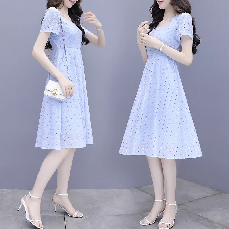 Yanling Summer Embroidered Waist Slimming High Waist Square Collar Sweet Short Sleeve Mid-Length Dress