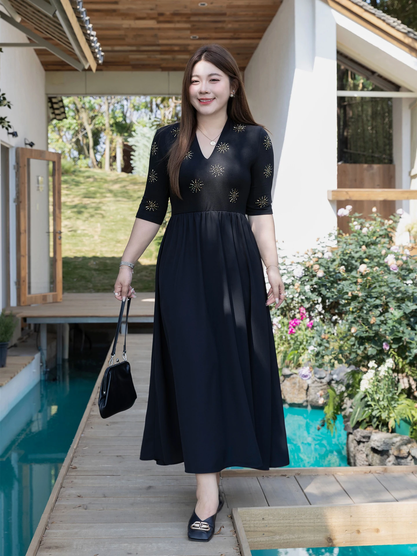 

Slimming V-Ne Bla Dr with Rhinestones plus Size Women's Clothing Summer New Sle Cover Belly Dr Cotton Blend