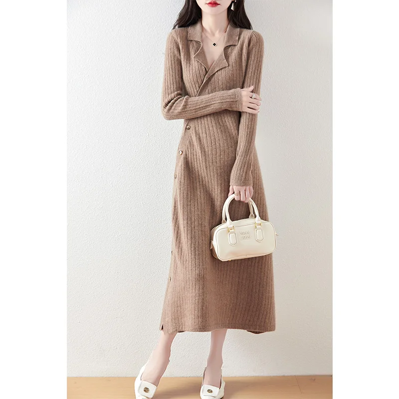 

100%MerinoWool Dress Cardigan Women's AutumnWinter Long Sleeved Solid Color French Fashion Lapel Button Knit Cardigan Long Style