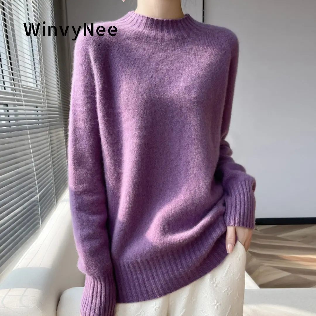 

WinvyNee Women's Clothing 100% Warm Wool Thick Mock Neck Ribbed Solid Knitted Winter Spring Tops Pullovers Sweaters A1713011