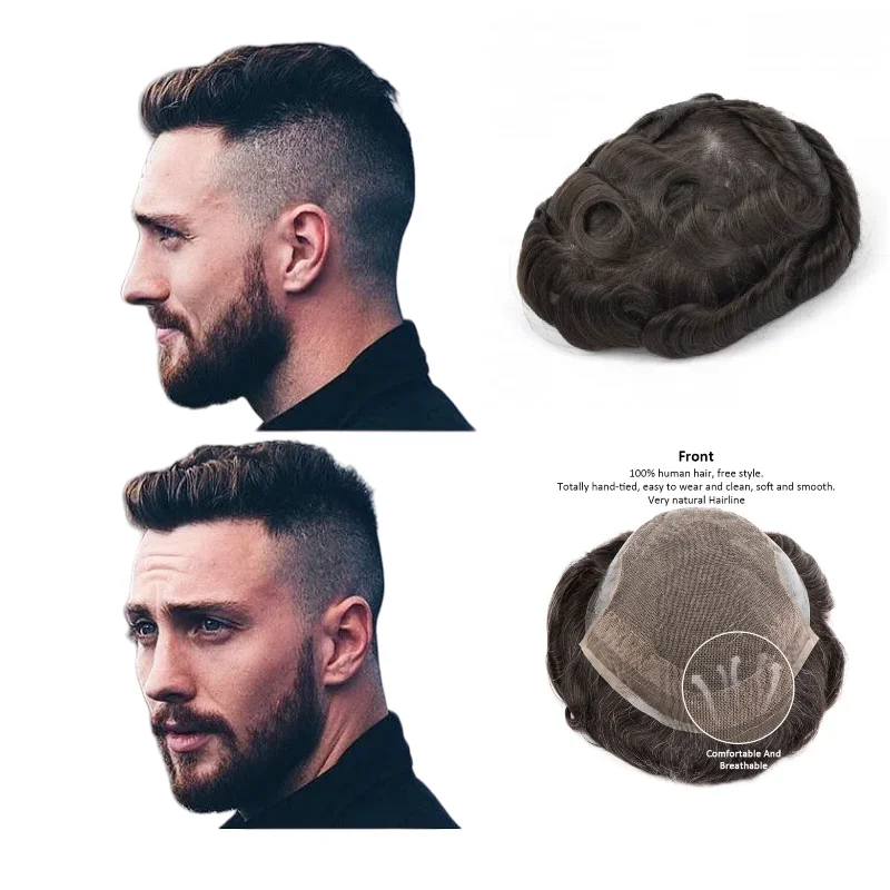 男性用かつら 人毛 OCT |   レース+PUベースのハイブリッドヘアピース、レースのリアルさとPUの耐久性を兼ね備えています