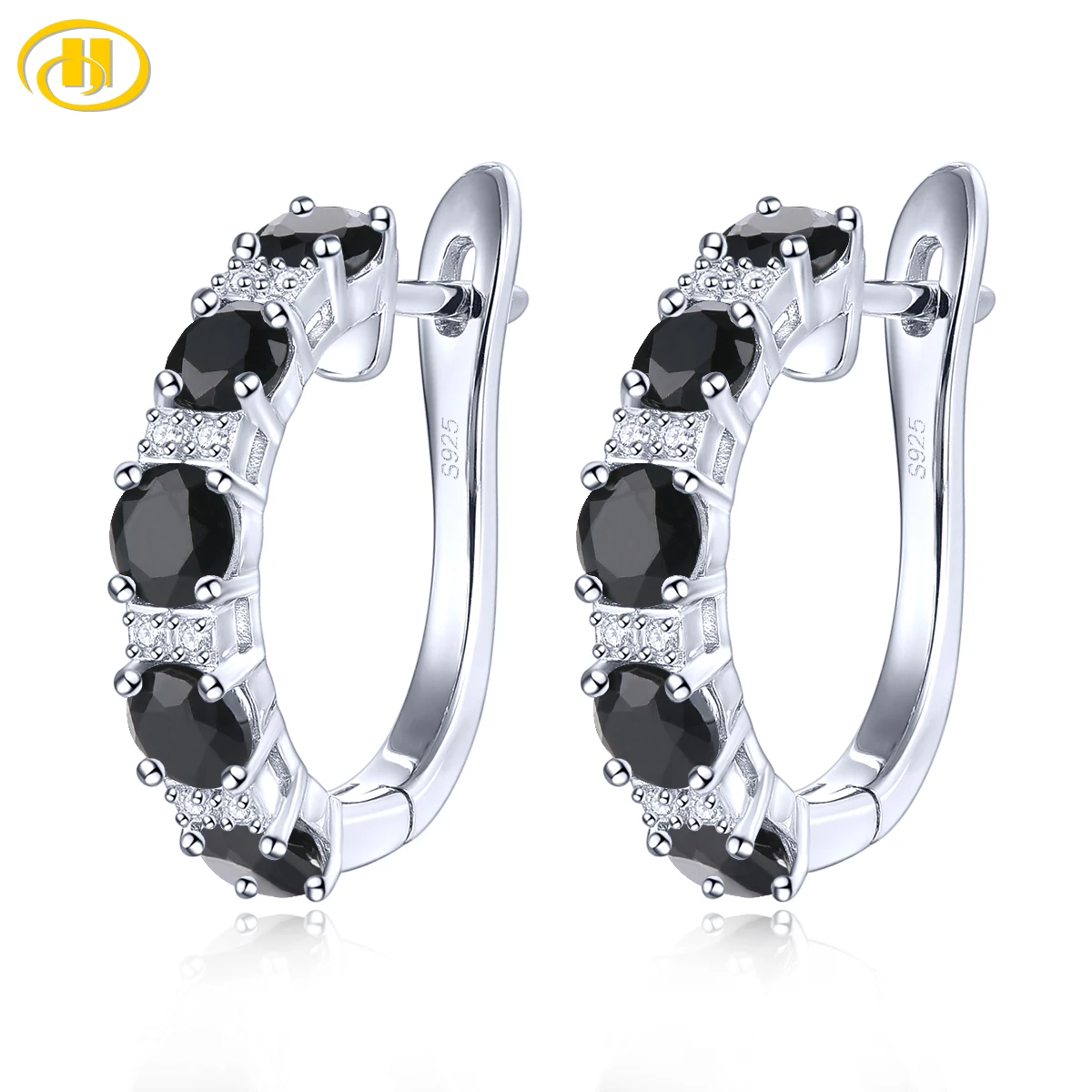 Natural Black Spinel Sterling Silver Hoop Earring 3 Carats Genuine Spinel Faced Round Classic S925 Fine Jewelrys Party Gifts