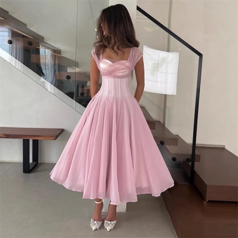 

Pink Elegant Prom Dress Sexy Sweetheart Short Sleeves Ruffles A Line Formal Wedding Guest Robes Party Bridal Gown