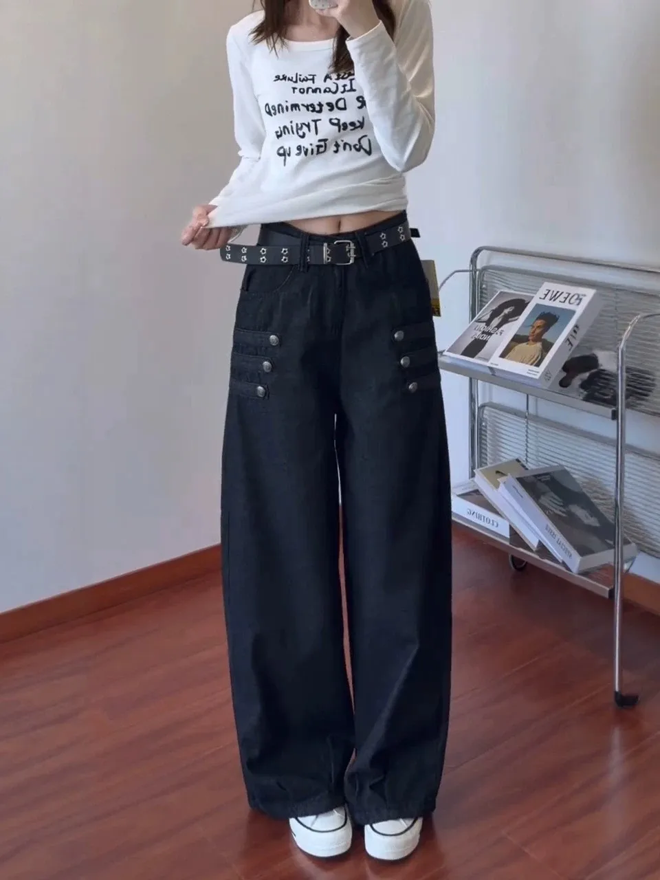 plus Size American Retro Double Side Button Denim Pants Women's New Court Style Loose Slimming Casual Wide Leg Long Trousers