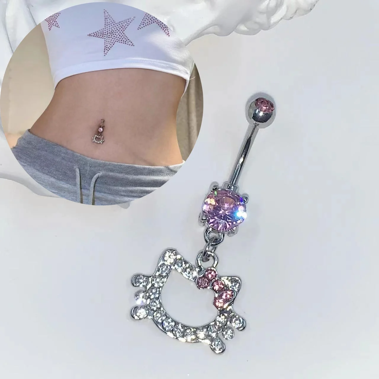 Body Piercing Bellybutton Ring Kawaii HelloKittys Zircon Navel Nail Stainless Steel Belly Button Pendant Jewelry for Women Gift