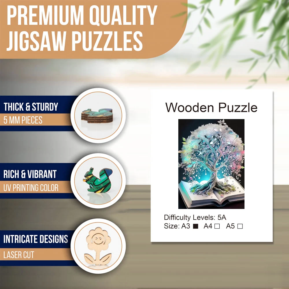 Book tree Wooden Puzzle Toys, Unique Shaped Animals Wooden Jigsaw Puzzle, Family Game, Christmas Birthday Gift Home Decor