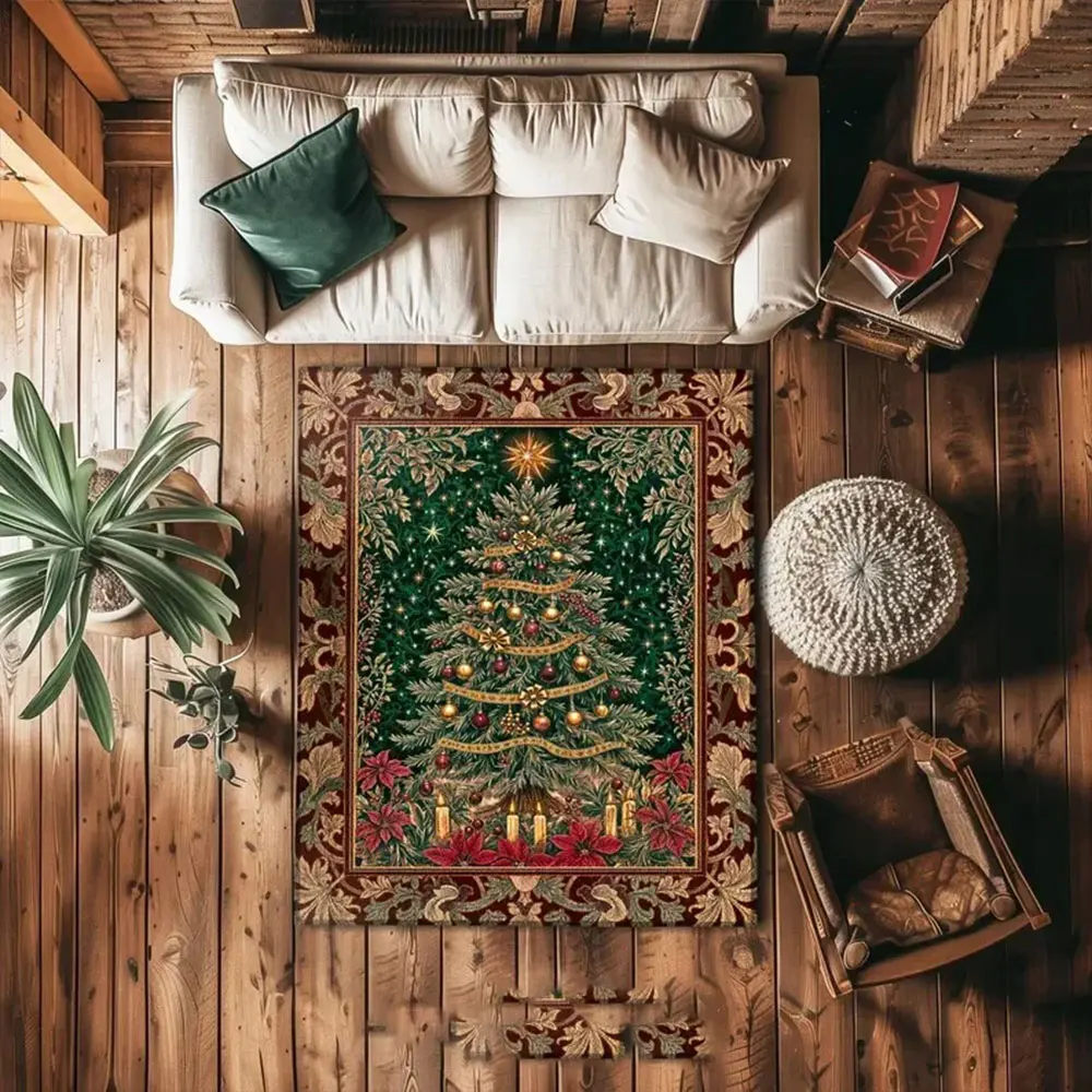 

Christmas Santa Sleigh Rug Festive Holiday Reindeer Carpet with Moonlit Winter Village Scene Seasonal Printed Living Room Rug