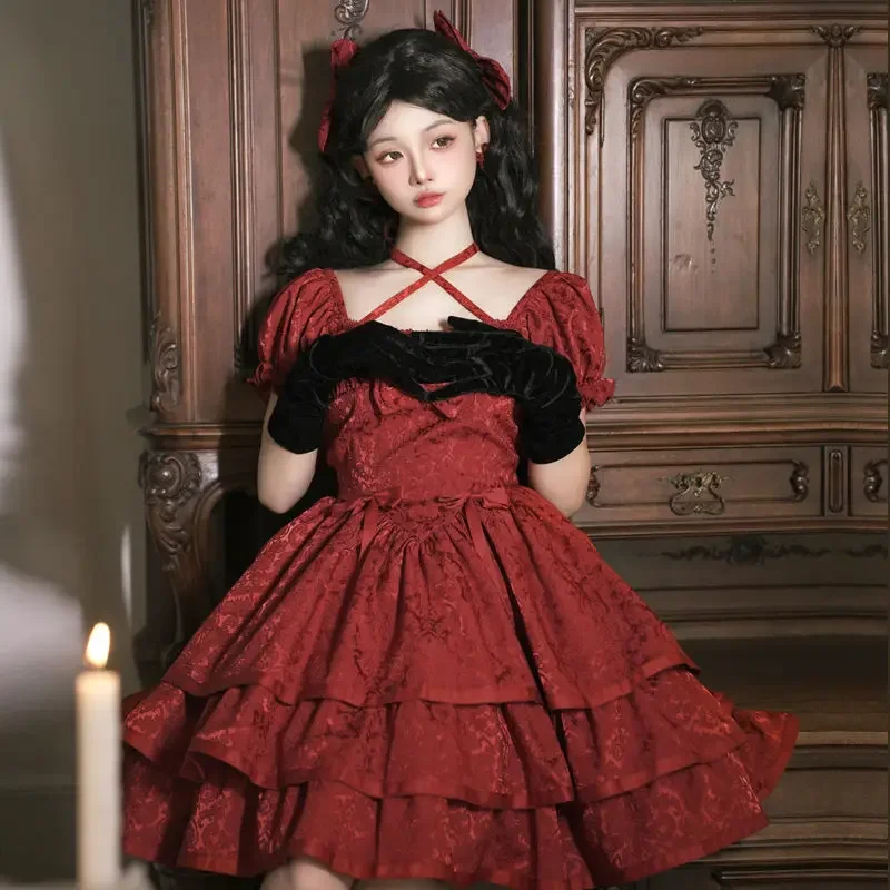 

MAGOGO Vintage Red Mini Dress Women Summer Sweet Bow Puff Sleeve Jacquard OP Hanging Neck Three-section Puffy Princess Dress