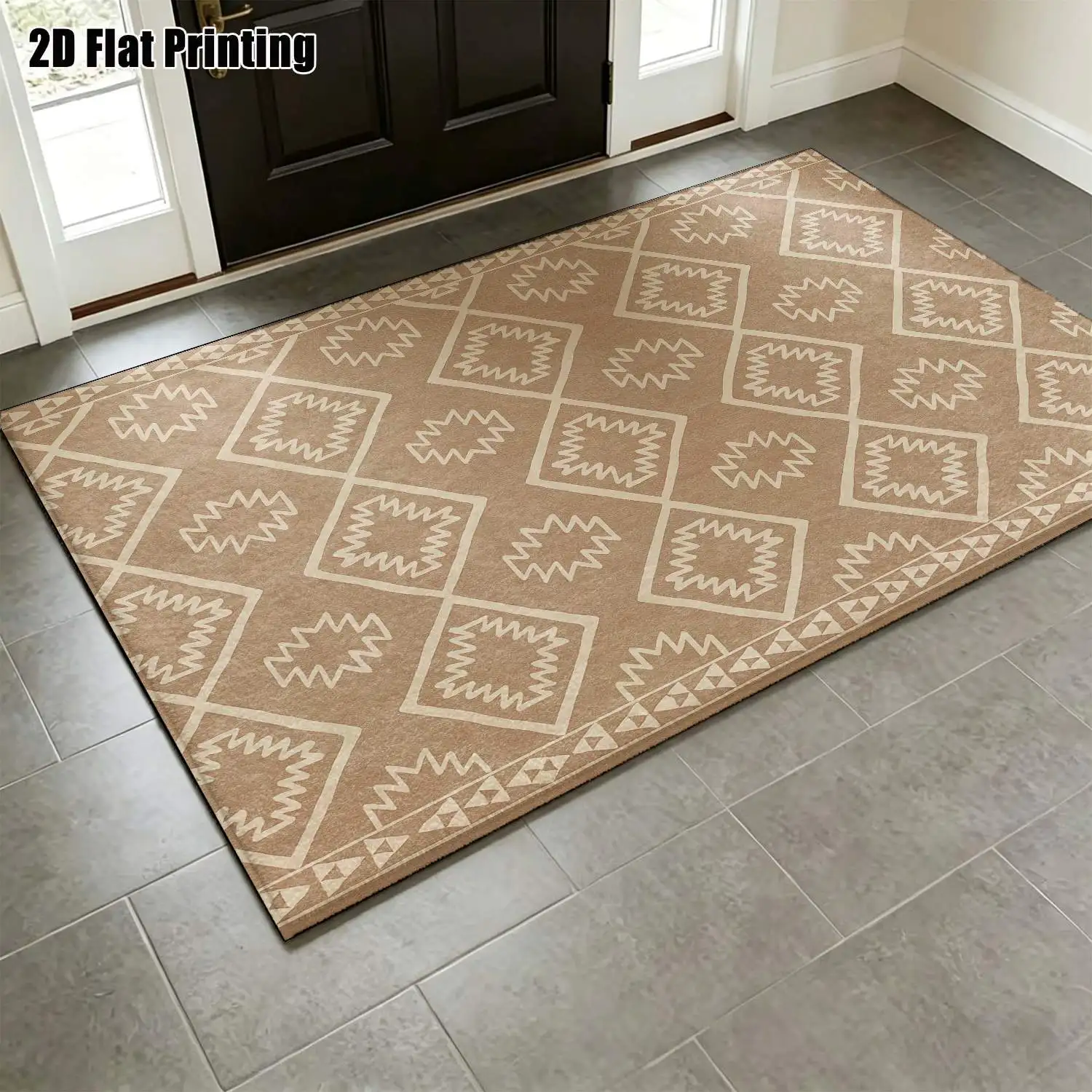 1Pc 2D Printed Beige Geometric Totem Nordic Carpet, Instagram-Style Modern Minimalist Vintage Floor Mat, Multi-Size, Machine Washable, for Entrance, Dining, Foyer, Living Room, Bedroom Home Decor