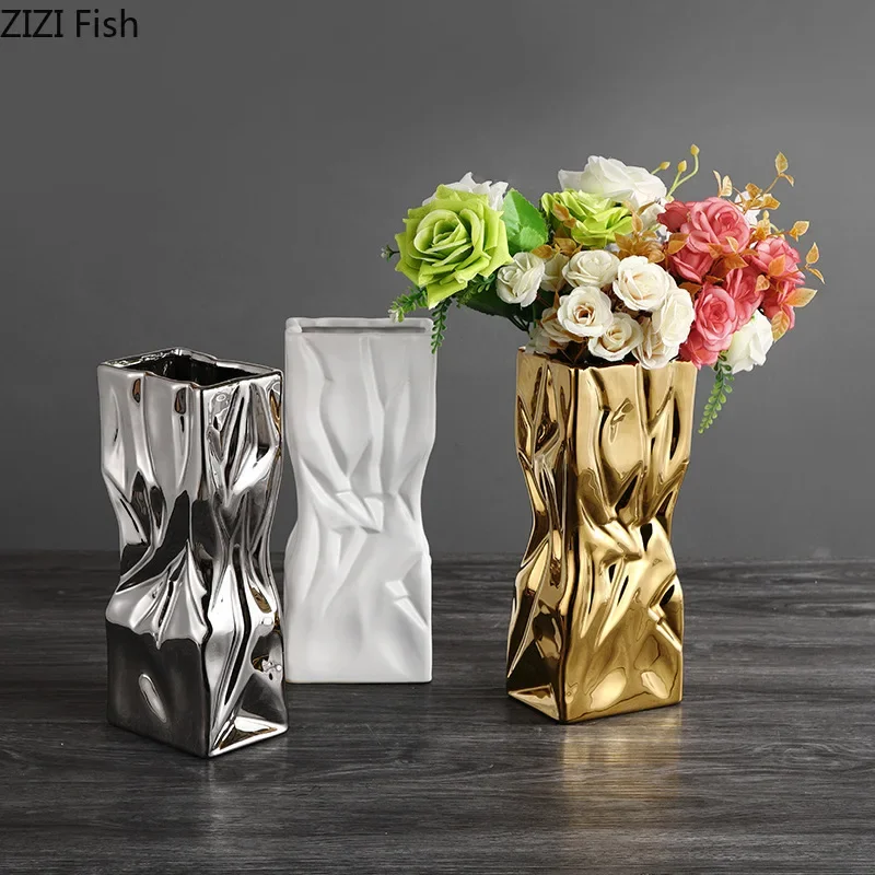 

Creative Folded Bag Shape Ceramic Vase Wrinkle Flower Pots Desk Decoration Flowers Arrangement Floral Vases Room Aesthetic Decor