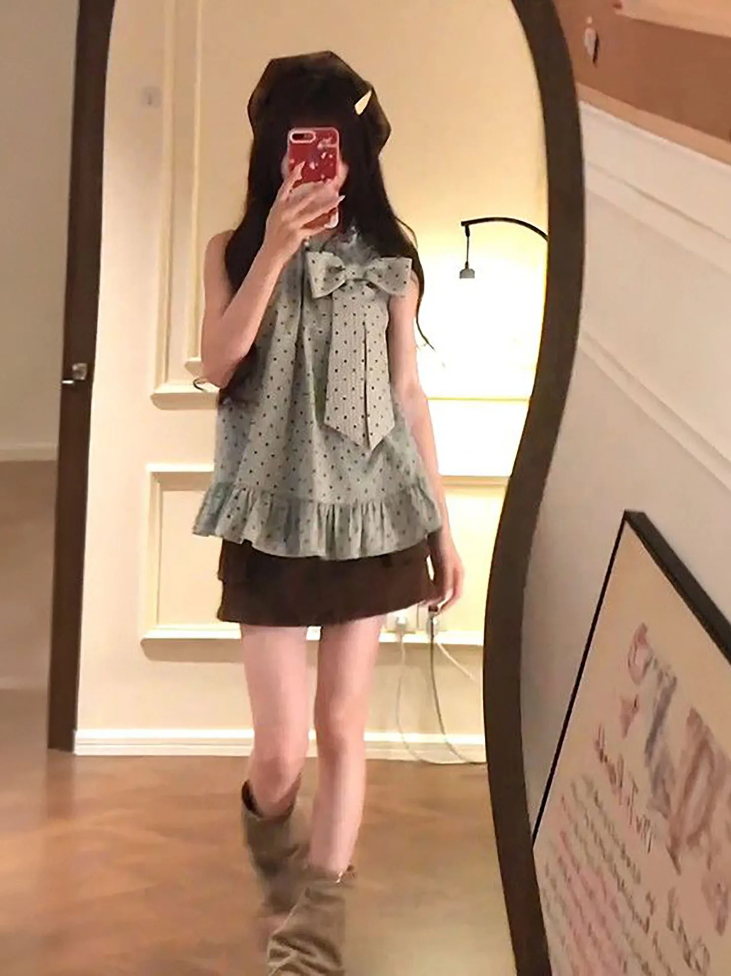 

Sweet Pure School Style Date Knot Polka Dot Loose Top with Wrap around Short Skirt Two Piece Set Summer Fashion
