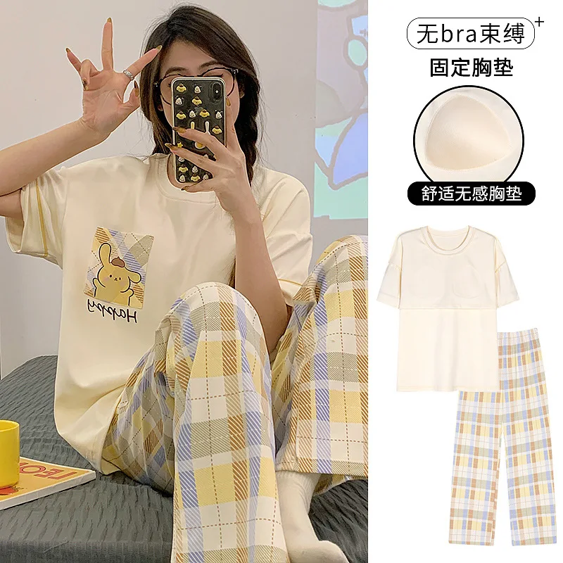 

Anime Women Pajama Sweet Girly Cardigan Short Sleeves Trousers Home Clothes Cartoon Kawaii Student Pajama Sets with Chest Pad