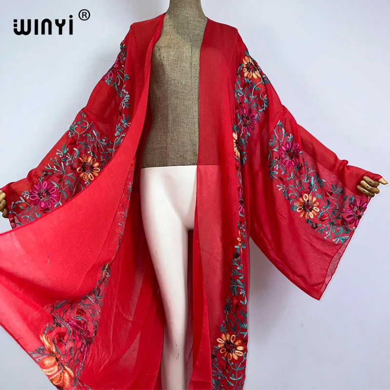 WINYI kimono haftowany wzór boho kaftany plażowe zakrywające sweter stroje plażowe na wakacje dla kobiet купальник