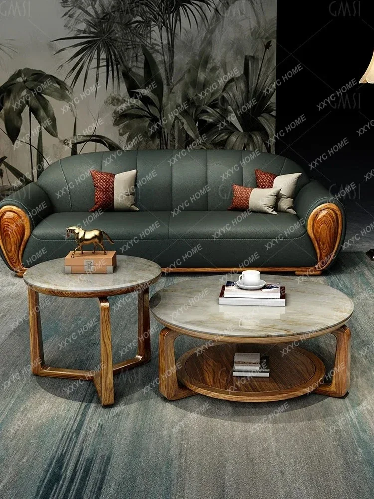 LUgyen Wood round Tea Table Marble Tea Table Height Combination Solid Wood Furniture