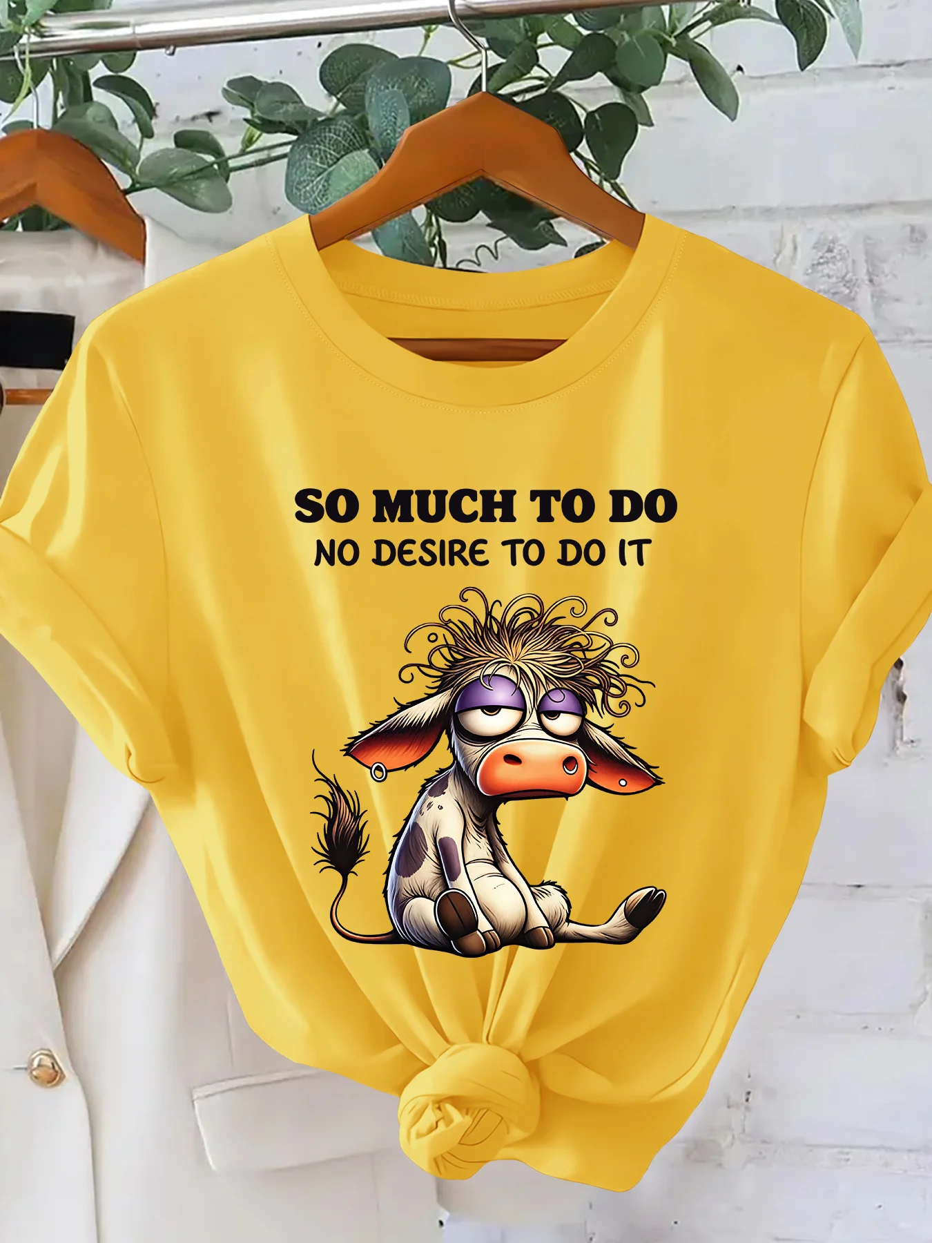 Women's Summer Lazy Sleepy Calf Funny English Cartoon Print Women's T-shirt Cute  Cartoon Style Round Neck Short Sleeved Shirt
