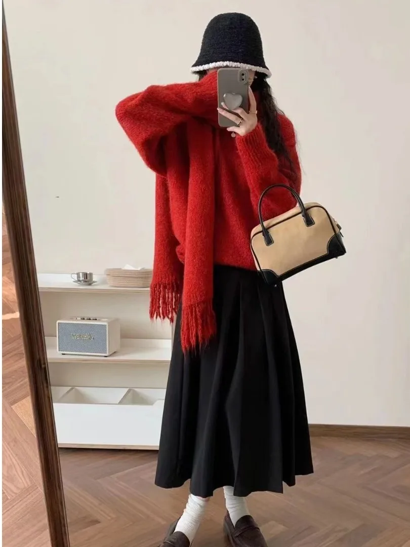 سترة نسائية محبوكة فضفاضة طويلة من Sve سترة تريكو كورية مستديرة Ne باللون الأحمر مع وشاح كسول Sle شتوي Aosphere Faion