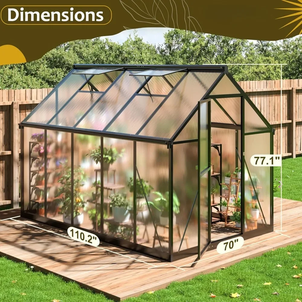 6x9 FT Greenhouse with Quick Setup Structure and Roof Vent, Outdoor Aluminum Large Walk-in Polycarbonate Greenhouse