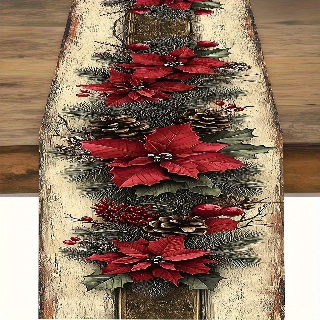 1 Stück Weihnachts-Tischläufer mit rotem Weihnachtsstern-Tannenzapfen-Design, Urlaubstischdekoration für Weihnachten, Neujahr, Winter, Party, Essen