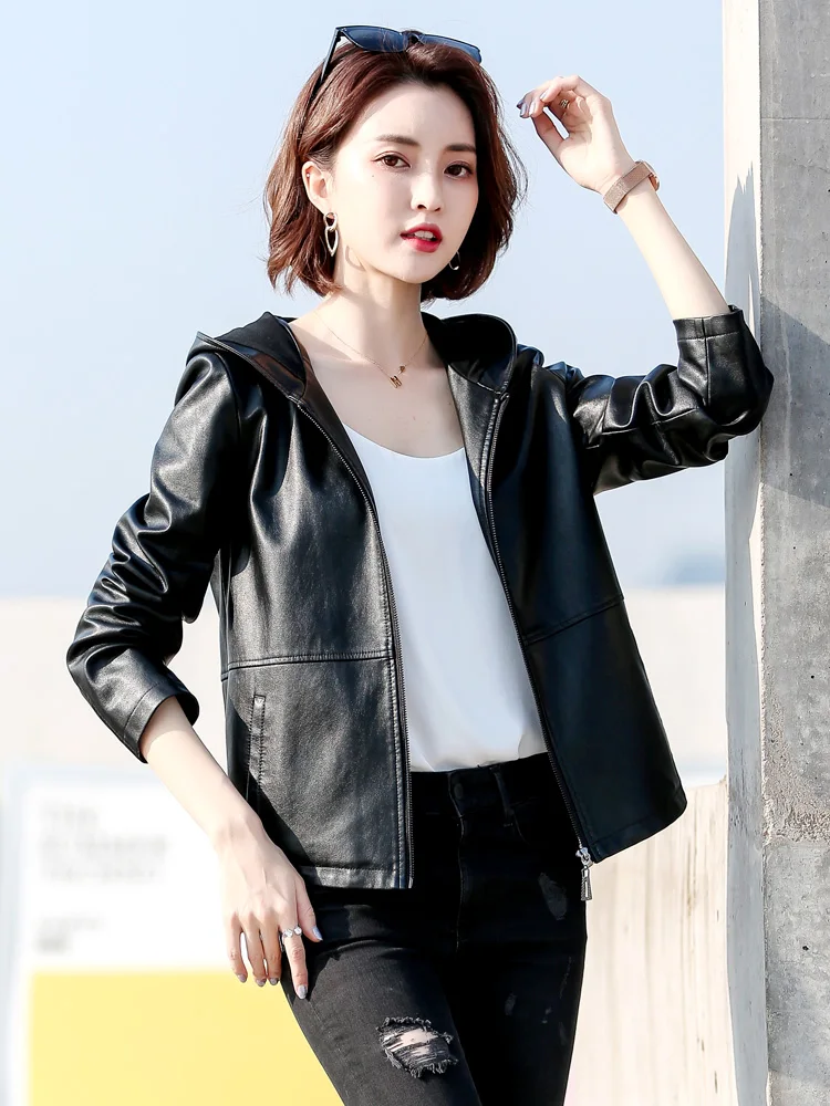 New Women Hoodies Leather Jacket Spring Autumn 2024 Fashion Loose Female Zipper Short Sheepskin Coat Casual Jacket Outerwear