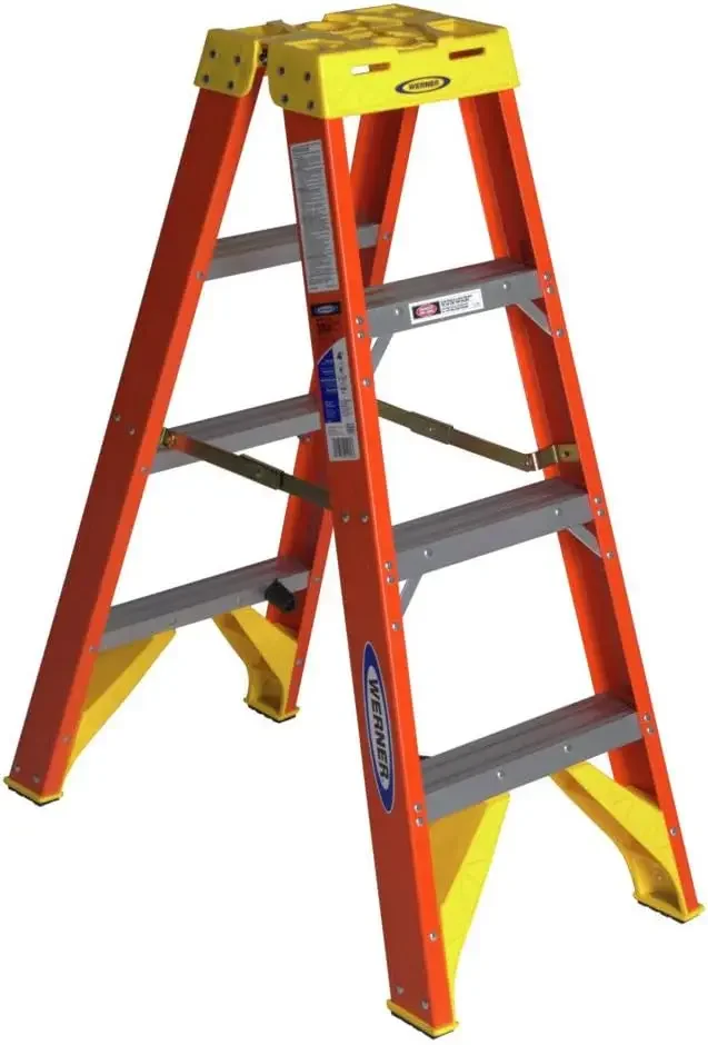 Twin Step Ladder, Fiberglass, Orange, 4' Length, 19.92