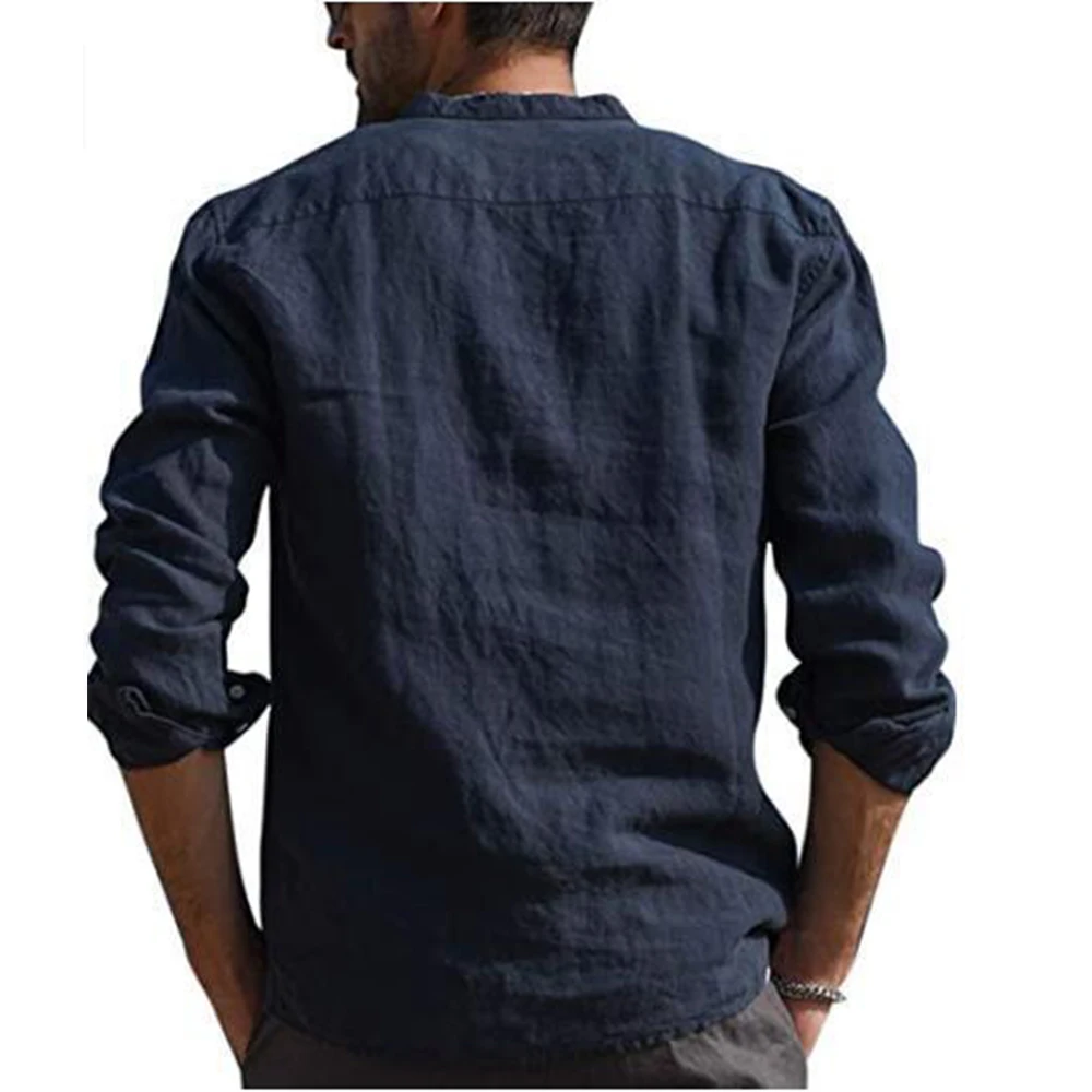 Cotton Linen Hot Sale Men\'s Long-Sleeved Shirts Summer Solid Color  Stand-Up Collar Casual Beach Style Plus Size