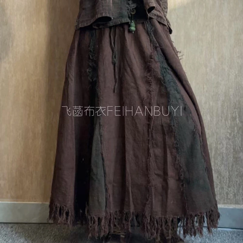

2026 New Arrival Spring & Autumn Loose Casual Vintage Patchwork A-line Skirts Tassel Design Ankle-length Women's Long Skirt F169