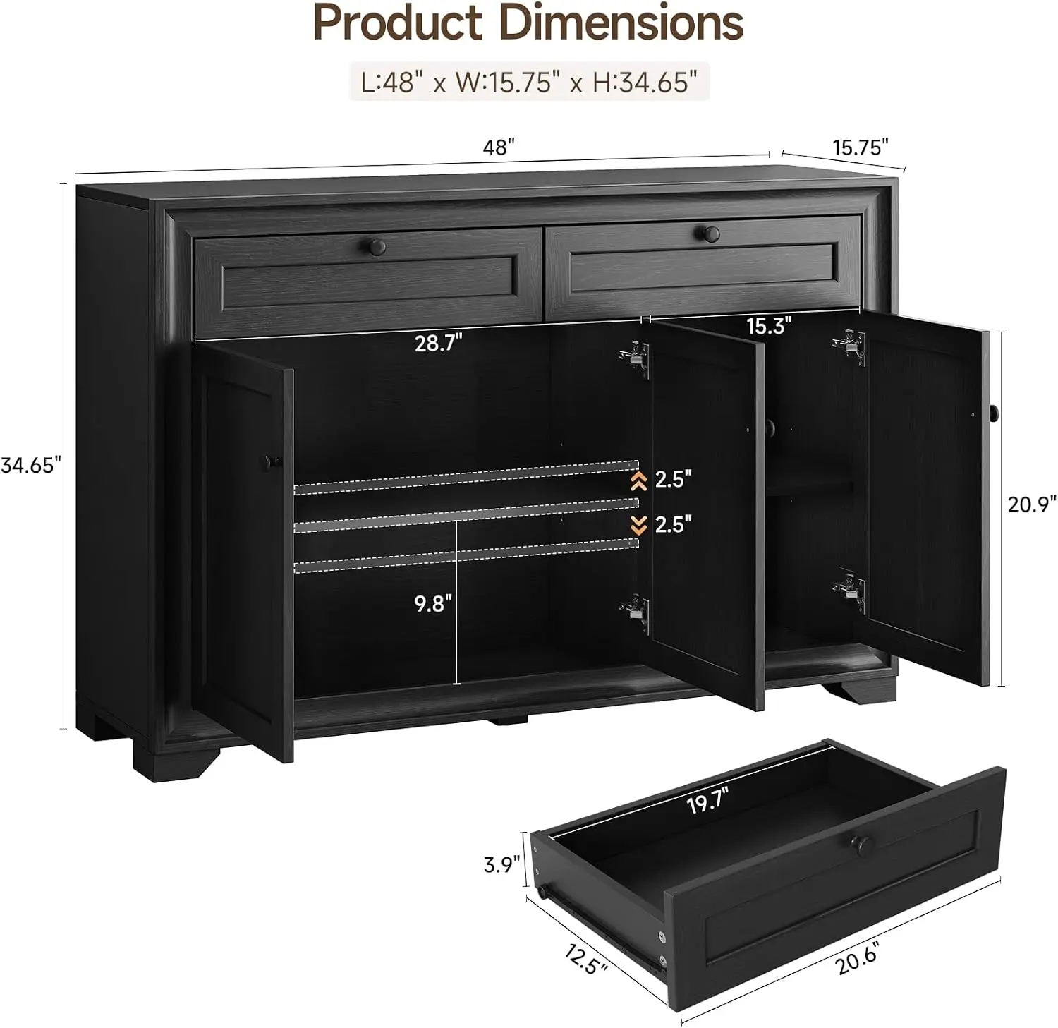48 Inches Sideboard Buffet Cabinet with Storage, Black