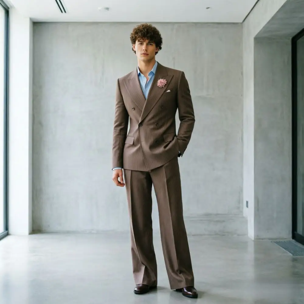 

Relaxed Tailoring Men 2 Piece Double Breasted Brown Striped Suit Gold Buttons Blazer Pants Formal Attire For Wedding And Prom