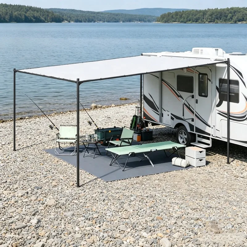 Tapis de tente bleu et gris 400 × 300 cm en polyéthylène, idéal pour le camping en terrasse, style moderne