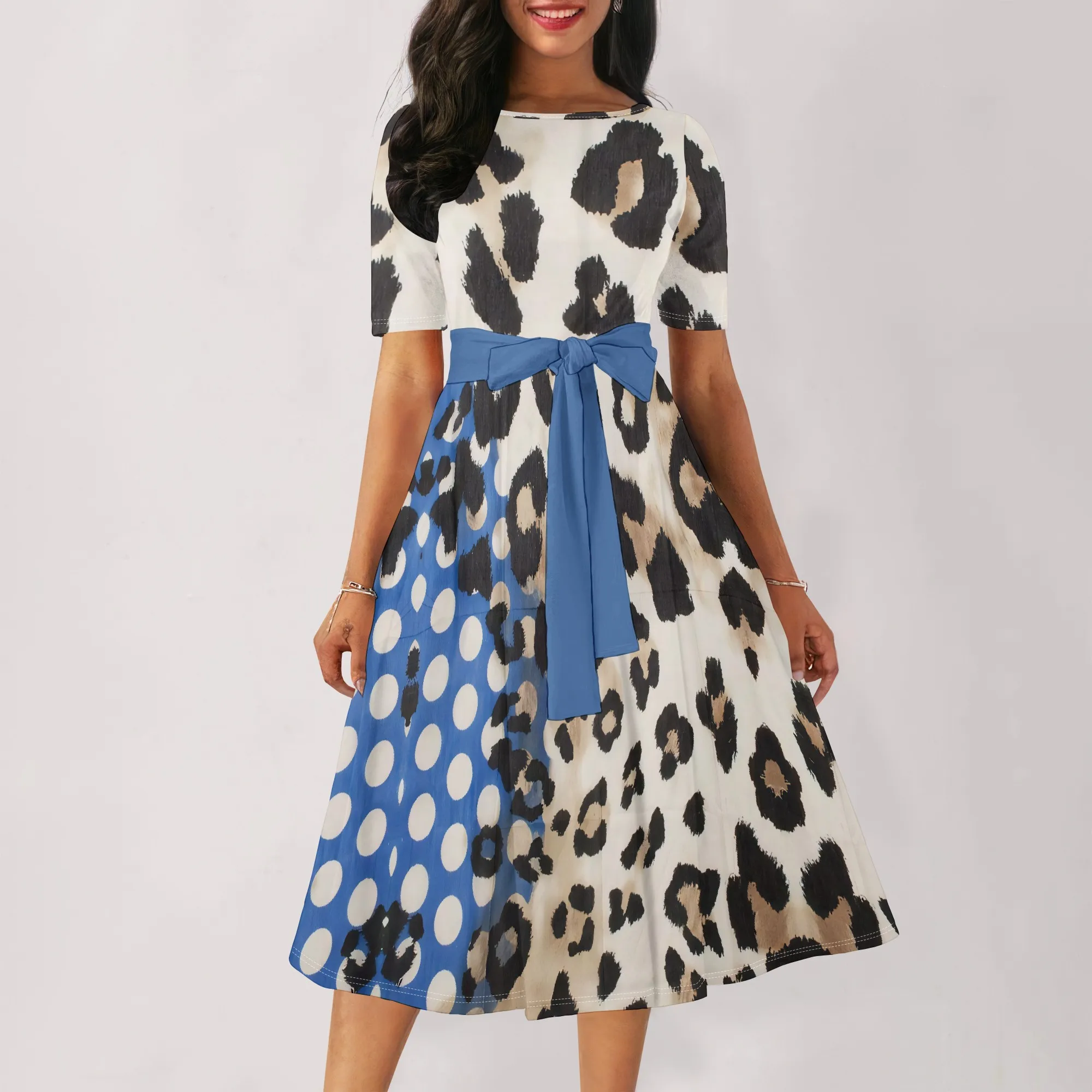 

EQQZD Elegant Short Sleeve Midi Dress for Women – Leopard Baroque Print with Waist Belt