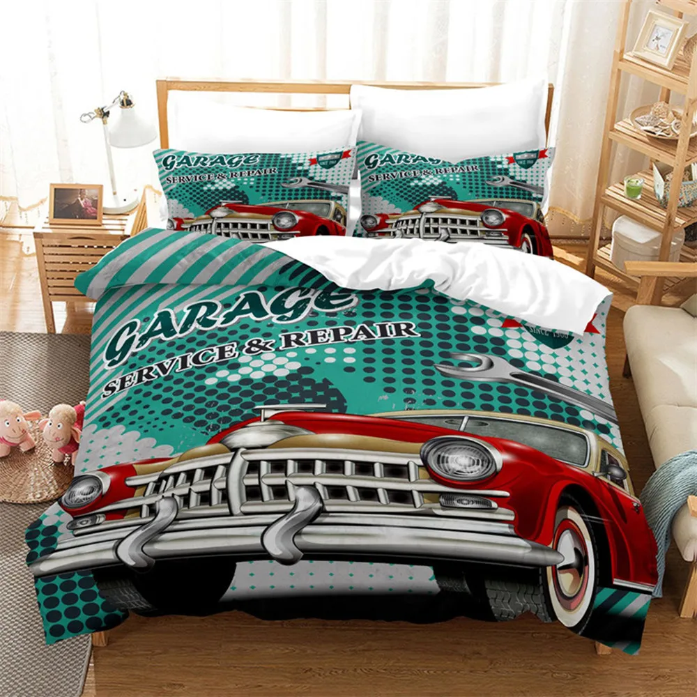 Retro Car Pattern Duvet Cover Full King Size Vintage Cars City Buliding Quilt Cover Pillowcase for Kids Boys Teens Bedroom Decor