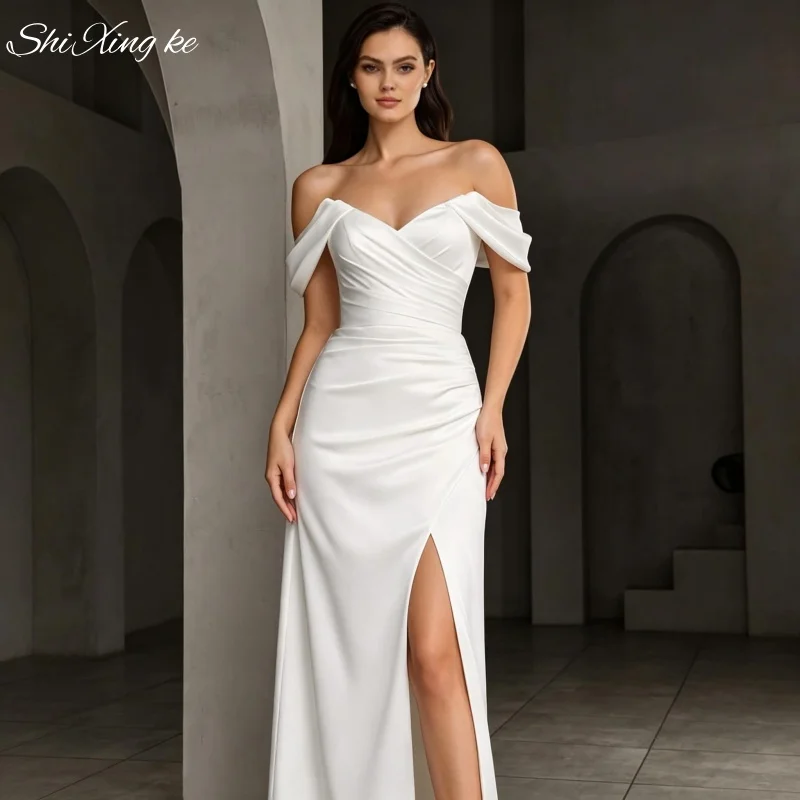 Elegant Satin Mermaid Wedding Dress 2026 Off Shoulder High Side Slit Ruched Corset Back Bridal Gown Customized