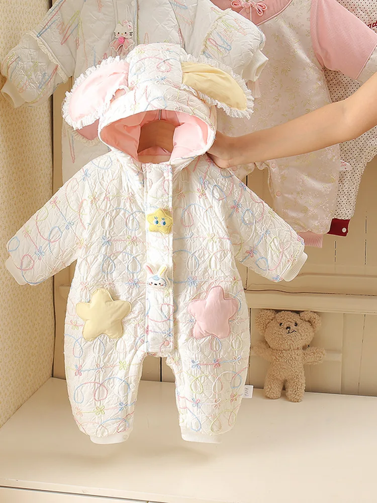 Thiened Fce Winter Rer with Hat for Baby Girls Outdoor Carry Suit Princ Sle Cotton Clothes Korean Version