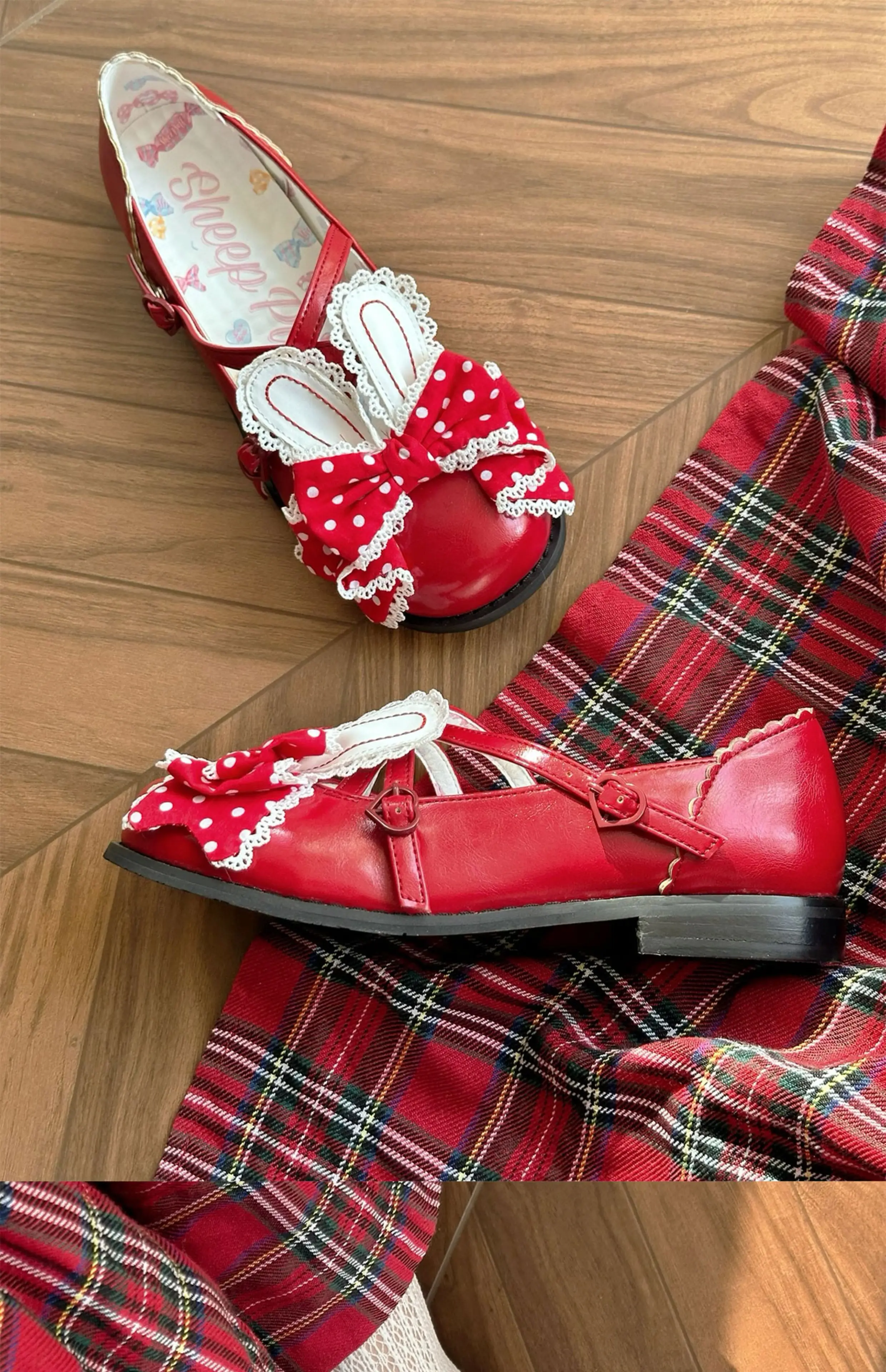 Zapatos rosas con lazo en la oreja de conejo y lunares, zapatos de cuero de tacón bajo, punta redonda, tacón plano, zapatos de cuero pequeños para primavera y otoño