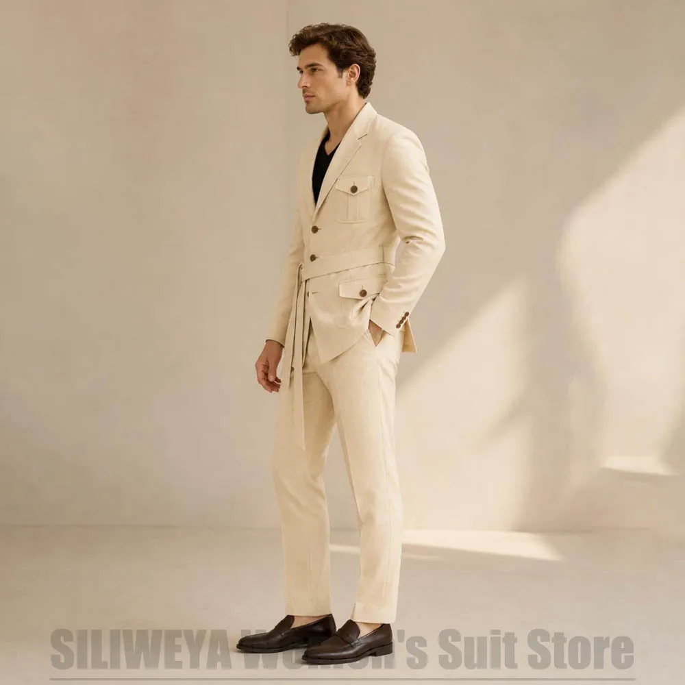 Men Beige Linen Safari Suit 2 Piece Belted Multi Pockets Blazer And Pants Luxury Party Wedding Tuxedo Fashion Casual Outfit