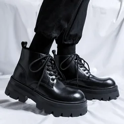 men fashion platform boots lace-up original leather shoes black trendy cowboy ankle boot punk rock dress cool chunky botas male