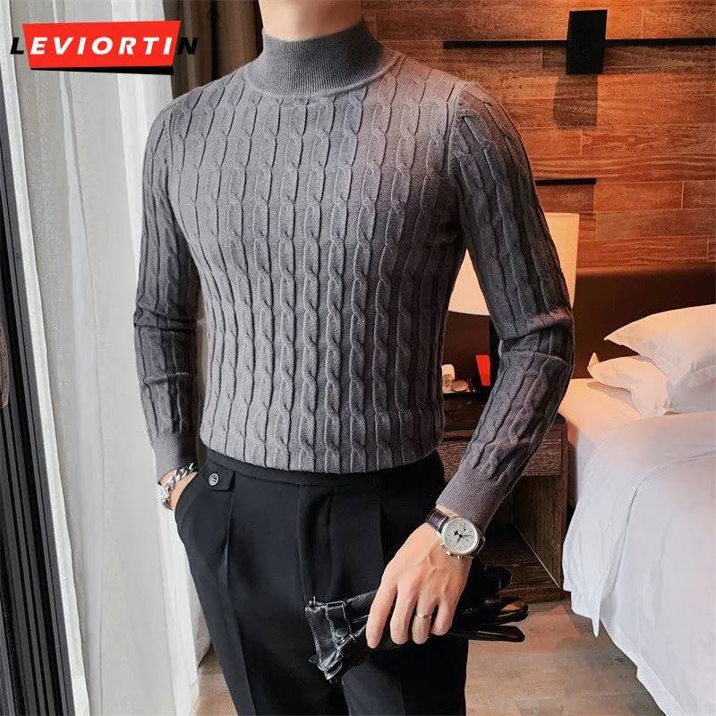 Autumn and Winter Men's New Half High Neck Sweater Casual Slim Fit Basic Twisted Knitwear Pullover Long Sleeve Jacquard Bottom