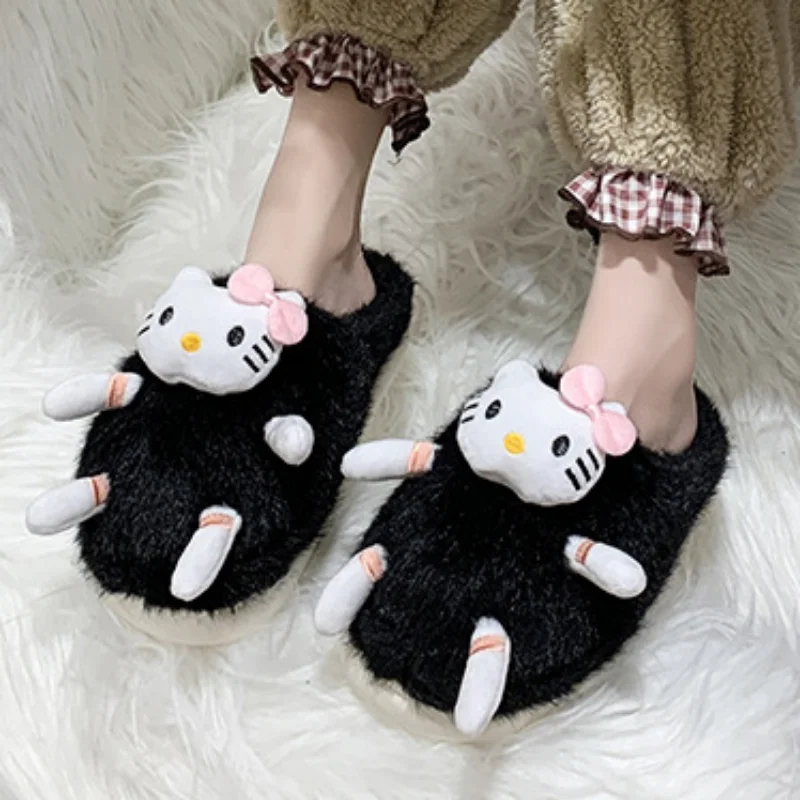 Sanrio Hello Kitty, милые забавные черные пушистые тапочки, женские осенне-зимние новые теплые тапочки с толстой подошвой, мультяшная сумка, хлопковая швабра