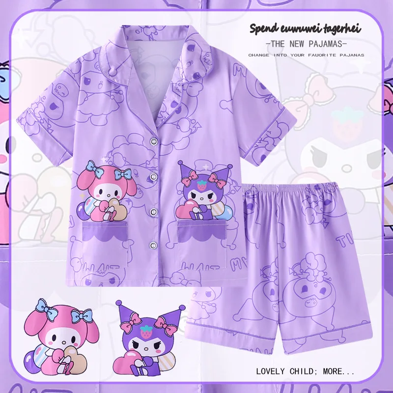 

2024 My Melody Ice Silk Girls Pajamas Sanrio Kawaii Anime Kuromi Pompompurin Summer Thin Short Sleeve Set Home Wear Gift for Kid