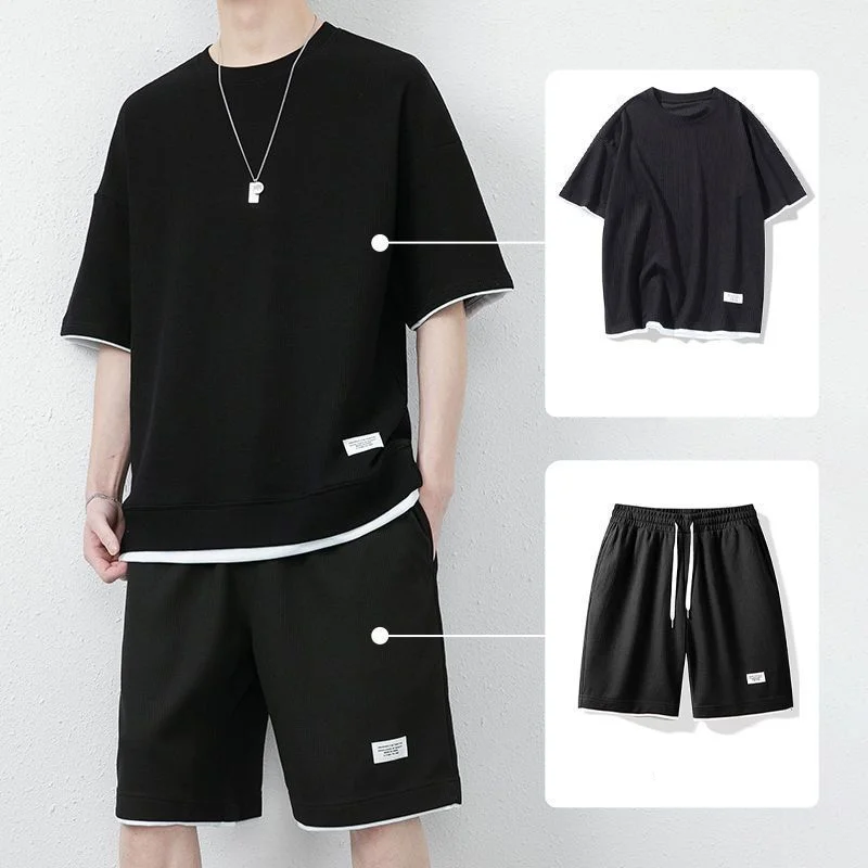 Casual Set for Men's Summer New Youth Solid Color Plus Size Sports Short Sleeve Shorts Two Piece Set Fashion Trend Men Clothing