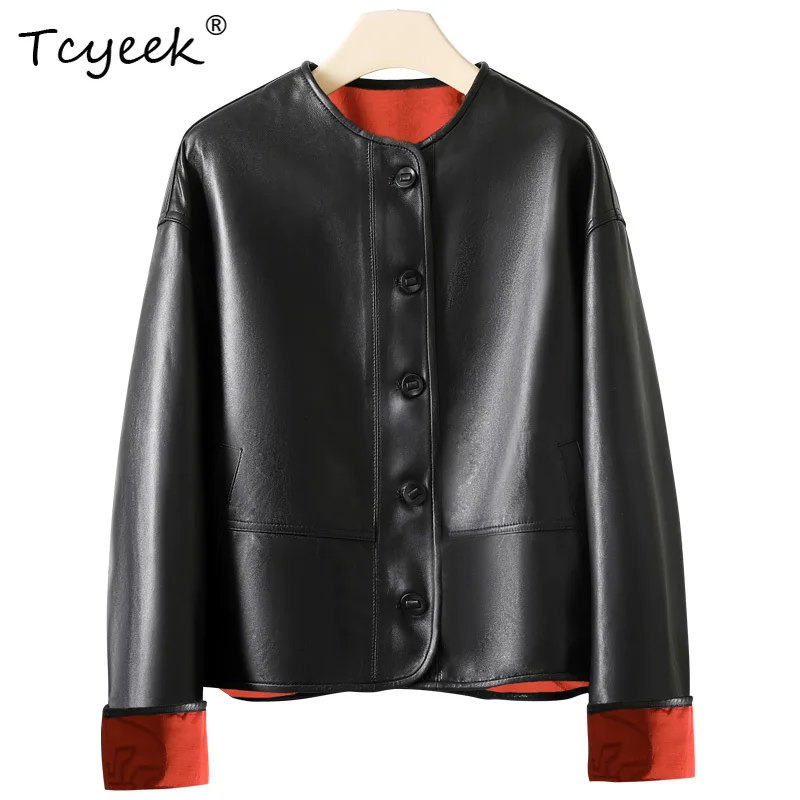 Tcyeek トップレイヤーシープスキン春秋の新中国服両面ラウンドネック女性のレザージャケット Женская Кожаная Куртка