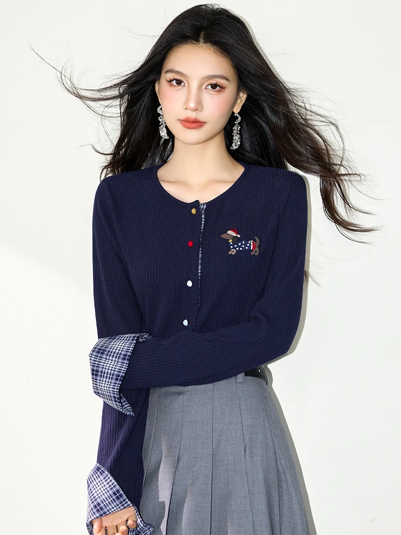 

Women Cardigan Loose Casual New Round Neck Love Button Dog Embroidery Knitted Sweaters Female Top Spring Autumn 2025