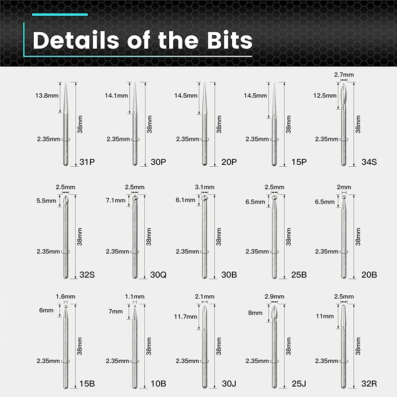 Engraving Bits 30Pcs for ARROWMAX SGS Series (2.35mm) Shank Rotary Tools Accessories for DIY Woodworking Carving