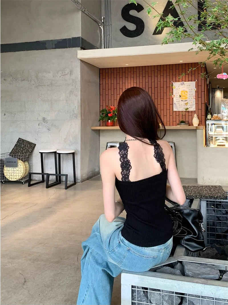 

Sexy Bla Strap Vest Women's Inner Wear Outerwear Crop Top One oulder Pure Desire ort irt Sweet Sle Polyester Fiber