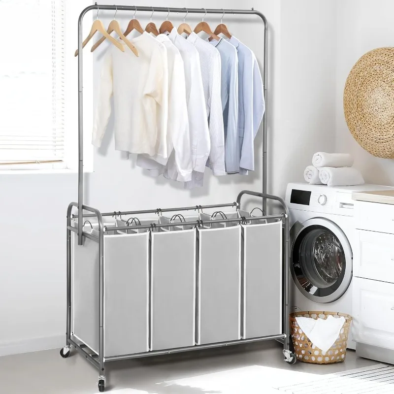 Laundry Sorter with Hanging Bar, Portable, Removable Laundry Hamper Cart with Heavy Duty Rolling Lockable Wheels