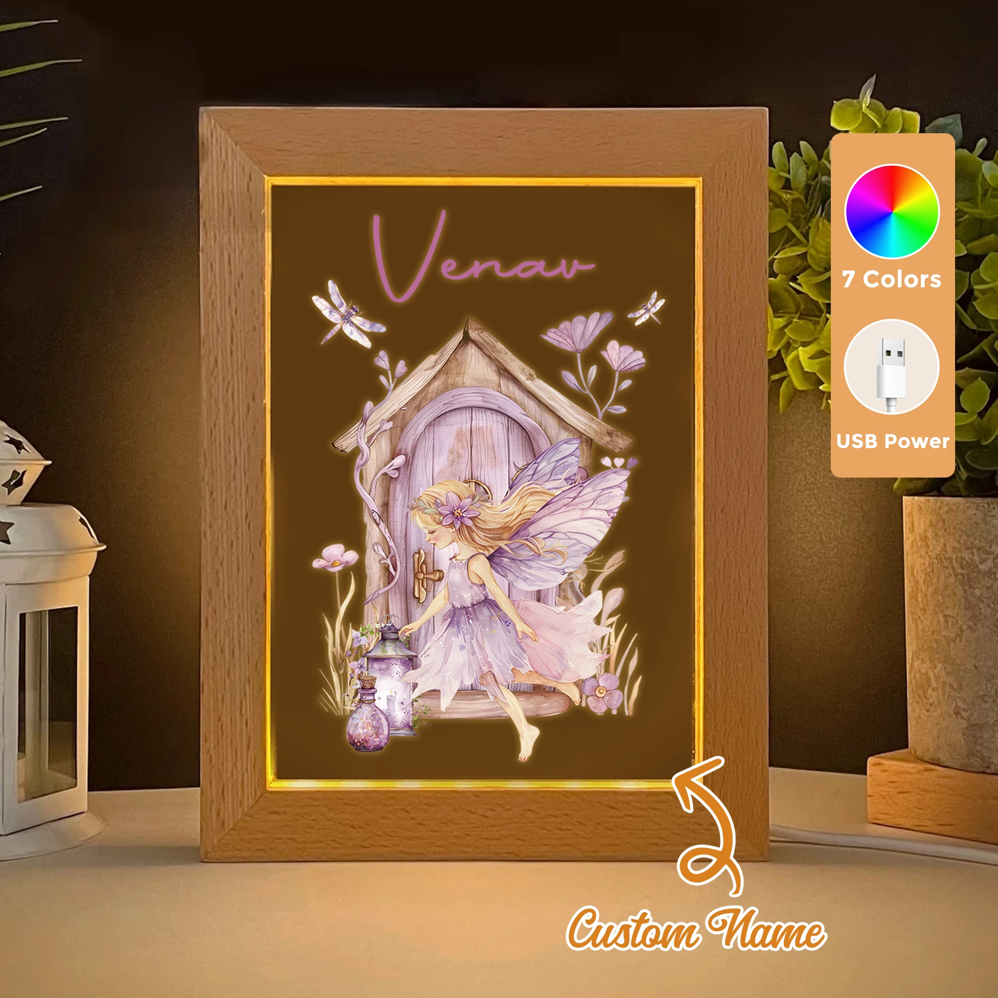 

2D Flat Custom Name Purple Cabin Girl LED Acrylic Night Light Wood Photo Frame 21x17cm Cartoon Children Bedroom Gifts Home Decor