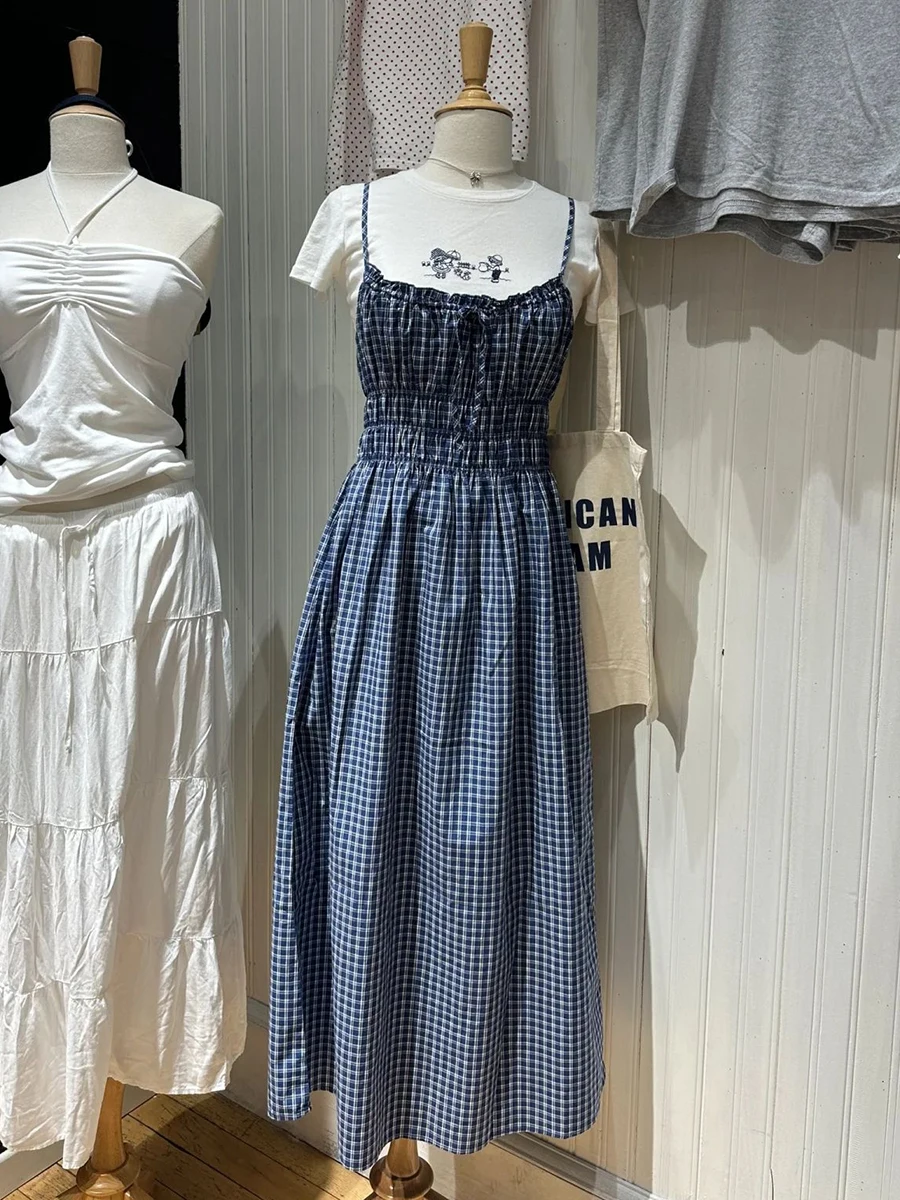Nuovo Blu Plaid Maxi Vestito Donna Estate Elastico in Vita di Cotone Lace-up Pieghe Senza Maniche Abiti Retro Carino Lungo Camis Abiti Y2k