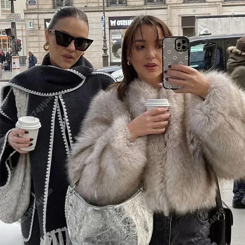 Iconic Street Fashion Week Luxury Brand Gardient Cropped Faux Fur Coat Women Winter 2024 Hot Cool Girls Fluffy Short Fur Jacket